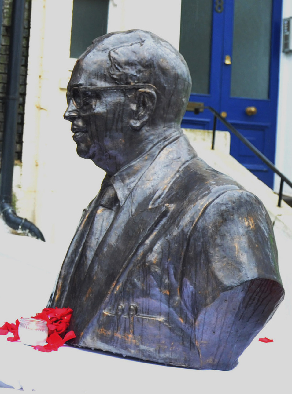 A bronze bust of Ambedkar outside the Dr. Bhimrao Ramji Ambedkar Memorial (Ambedkar House) in London, photographed on 14 November 2015.