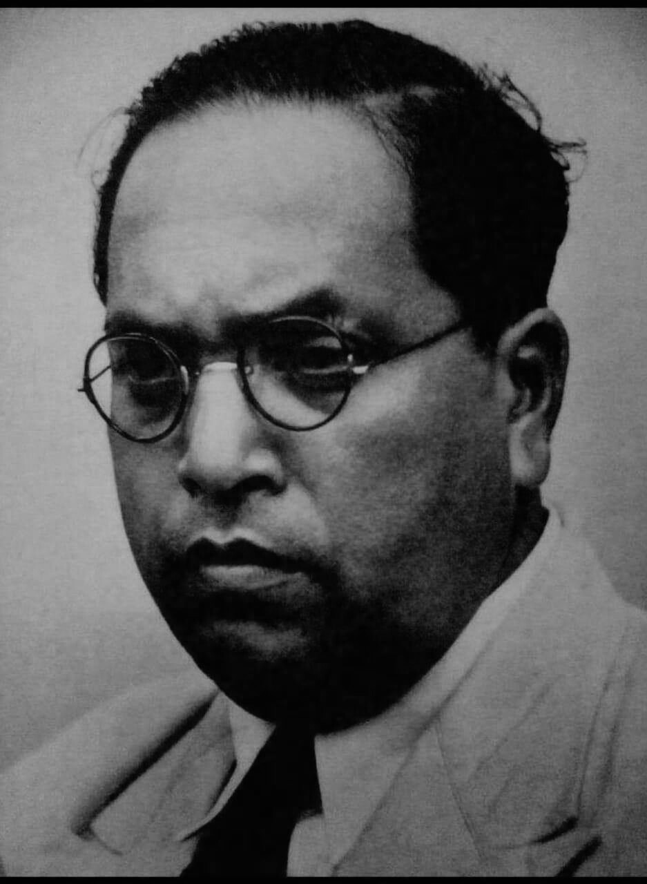 A close-up portrait of Ambedkar. Undated; the photographer is unknown.