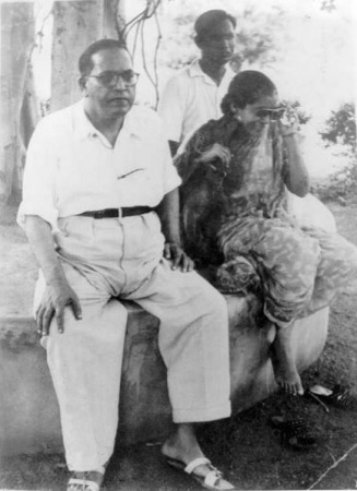 Ambedkar with his wife Dr. Savita Ambedkar, their helper Sudama and their pet dog. Undated.
