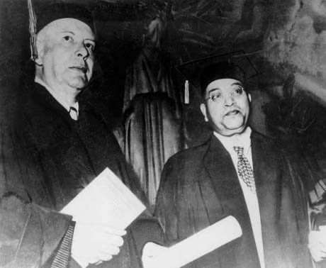 Ambedkar with the American poet Wallace Stevens at Columbia University, New York, on 5 June 1952, when Columbia awarded Ambedkar an honorary Doctor of Laws.
