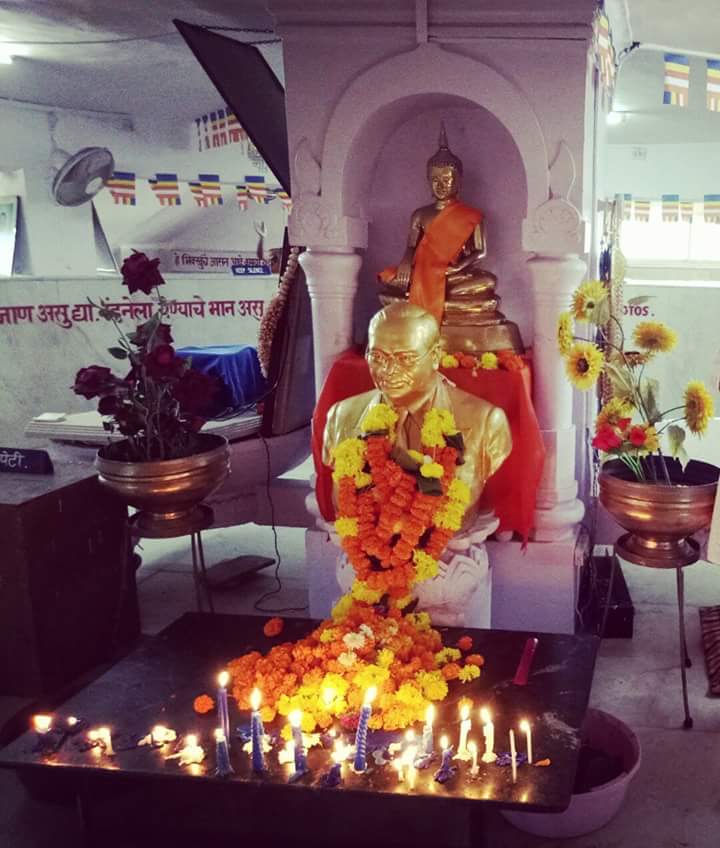 Statues of the Buddha and of Ambedkar inside the Chaitya Bhoomi stupa in Mumbai. Photographed in 2016.
