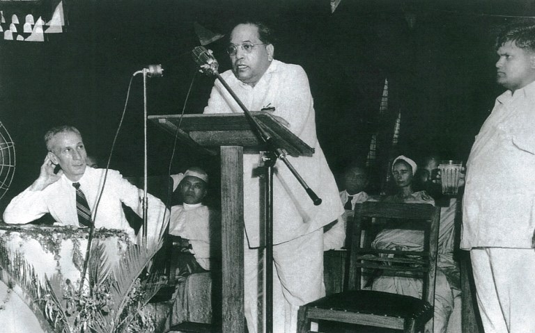 Ambedkar speaking at a Buddha Jayanti celebration in New Delhi, dated 2 May 1951 on Wikimedia Commons.