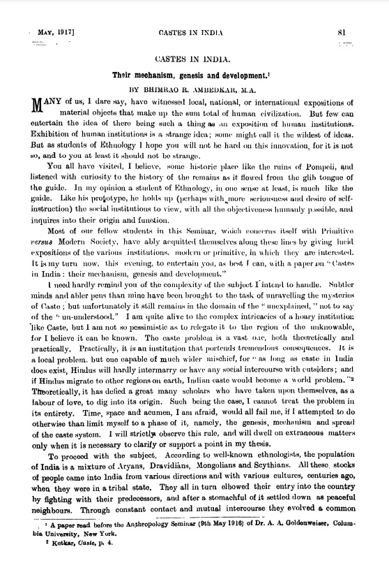 The first page of Ambedkar's paper "Castes in India: Their Mechanism, Genesis and Development", as published in The Indian Antiquary, volume 46 (May 1917).