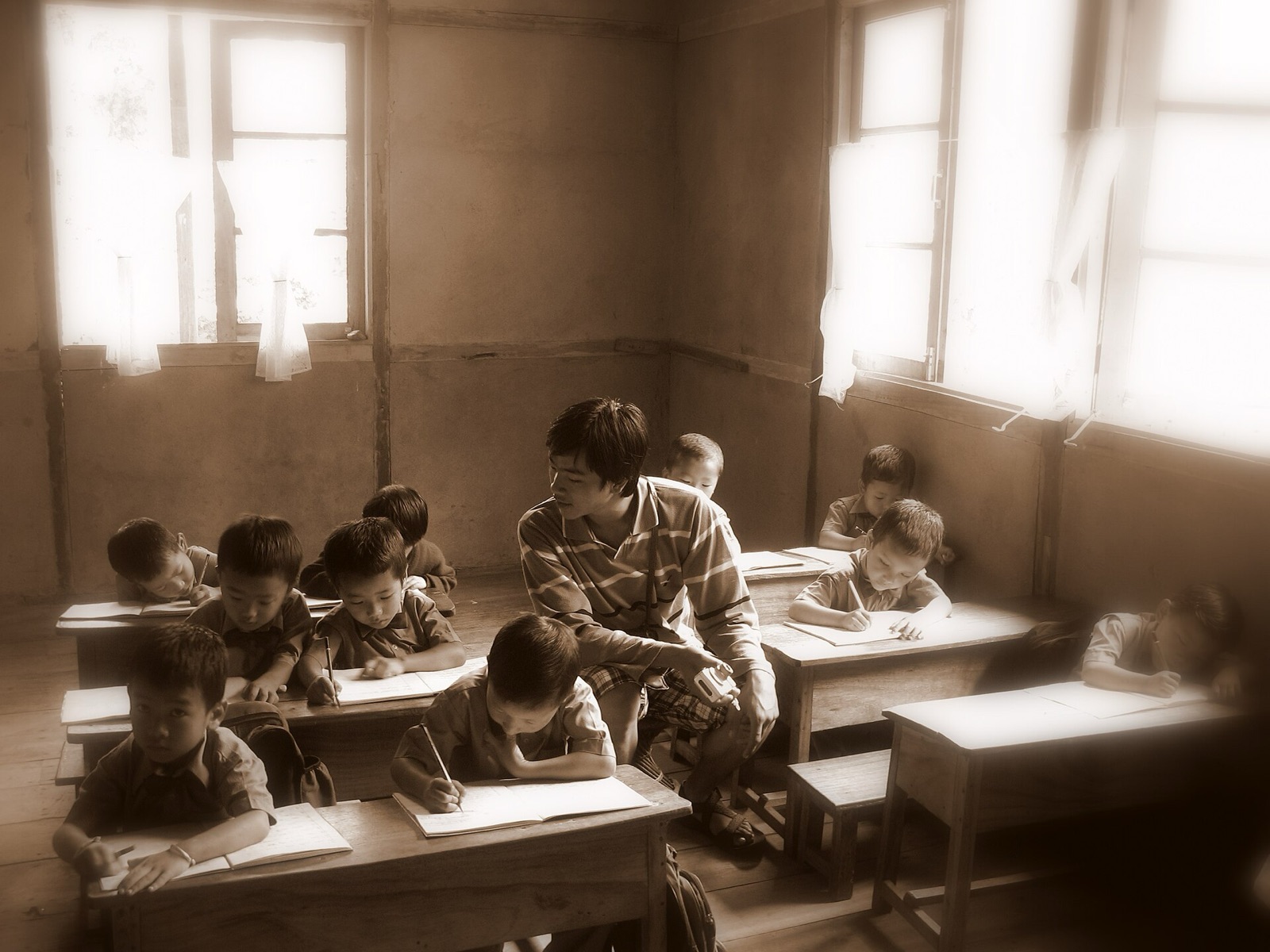 A classroom in a small private primary school in the village of Rolep, East Sikkim, 2009. A modern photograph used for context on education.