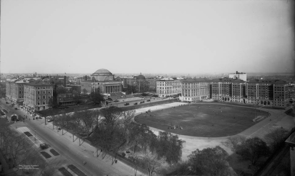 Columbia University's Morningside Heights campus in New York in 1910, showing (left to right) Mathematics Hall, Lewisohn Hall, Earl Hall, Low Memorial Library, Buell Hall, St. Paul's Chapel, Kent Hall, Hamilton Hall, Hartley Hall and Wallach Hall.