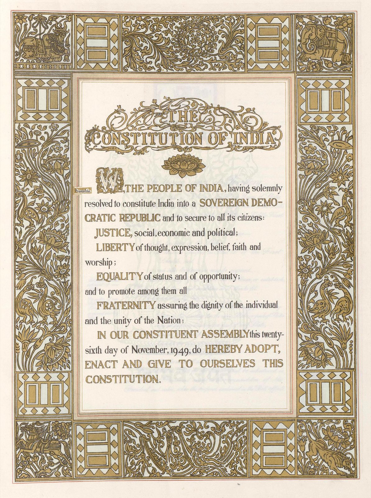 The Preamble page of the original hand-written Constitution of India, calligraphed by Prem Behari Narain Raizada and illuminated by Beohar Rammanohar Sinha.