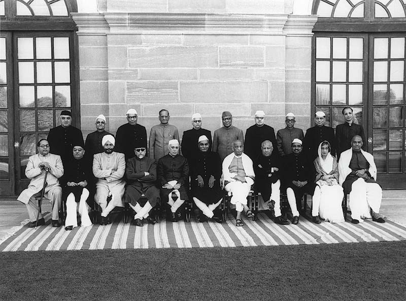 President Rajendra Prasad with members of the Union Cabinet at Government House, New Delhi, on 31 January 1950. Ambedkar is seated first from left.