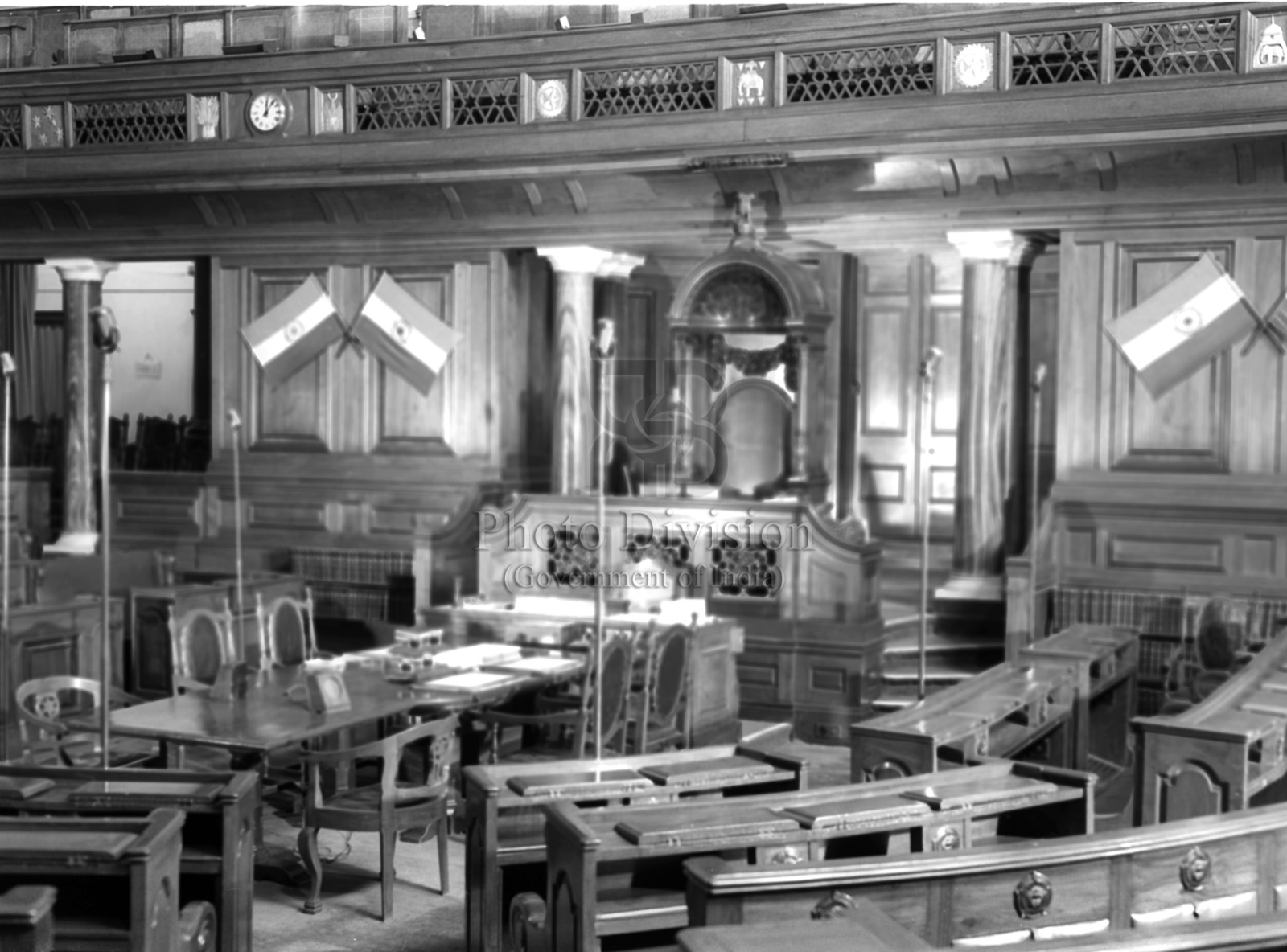 The chamber of the House of the People (Lok Sabha) in Parliament House, New Delhi, showing the Speaker's chair, March 1953 (Photo Division, Government of India).