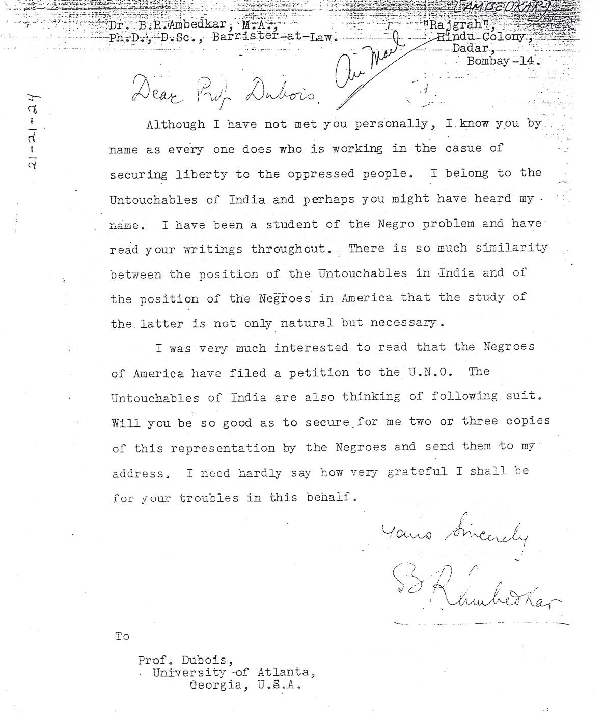 An undated letter from Ambedkar to the African-American scholar W. E. B. Du Bois, probably written in 1946, asking about the National Negro Congress petition to the United Nations.