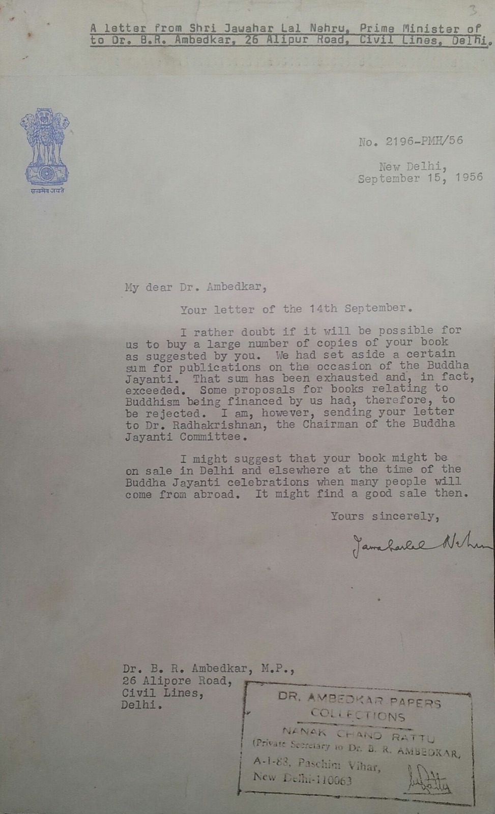 A letter from Prime Minister Jawaharlal Nehru to Ambedkar dated 15 September 1956. According to the Commons description, Nehru explains that the government could not buy copies of Ambedkar's book The Buddha and His Dhamma.