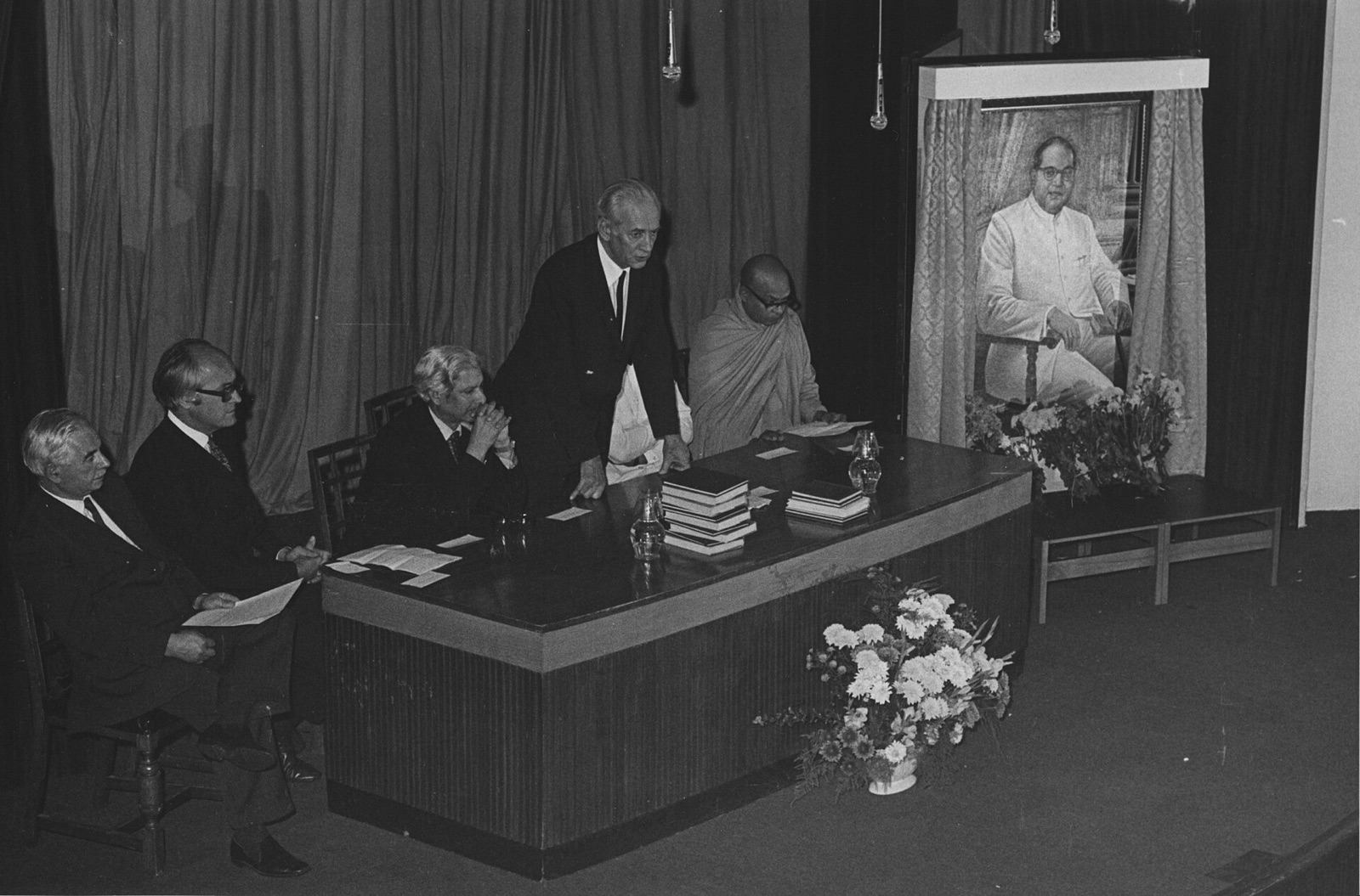 On 25 September 1973 the Dr Ambedkar Memorial Committee of Great Britain presented a portrait of Ambedkar, painted by G. S. Nagdeva, to the London School of Economics. Those shown include Professor Arthur John, D. A. Clarke, M. Rasgotra, Sir Walter Adams and Ven. Dr H. Saddhatissa.