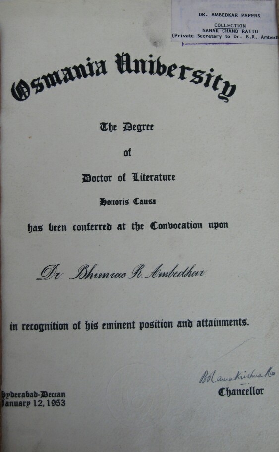 The certificate of the honorary D.Litt. degree awarded to Ambedkar by Osmania University, Hyderabad, dated 12 January 1953.