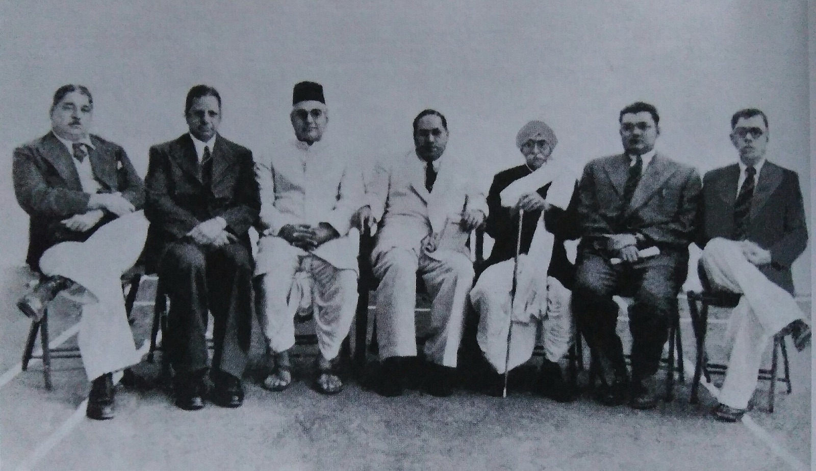 Ambedkar with members of the People's Education Society, which he founded in 1945. From left: Prof. V. G. Rao, Principal A. B. Gajendragadkar, M. V. Donde, Ambedkar, Rao Bahadur C. K. Bole, D. G. Jadhav and Kamalakant Chitre.