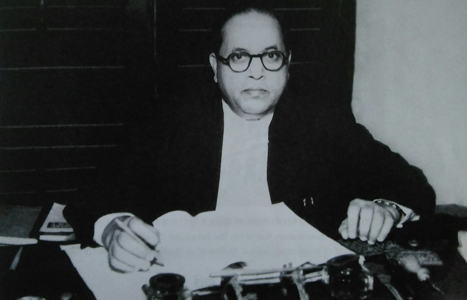 Ambedkar, Chairman of the People's Education Society, in his office at Anand Bhawan, Fort, Mumbai. Commons dates this to 1950.
