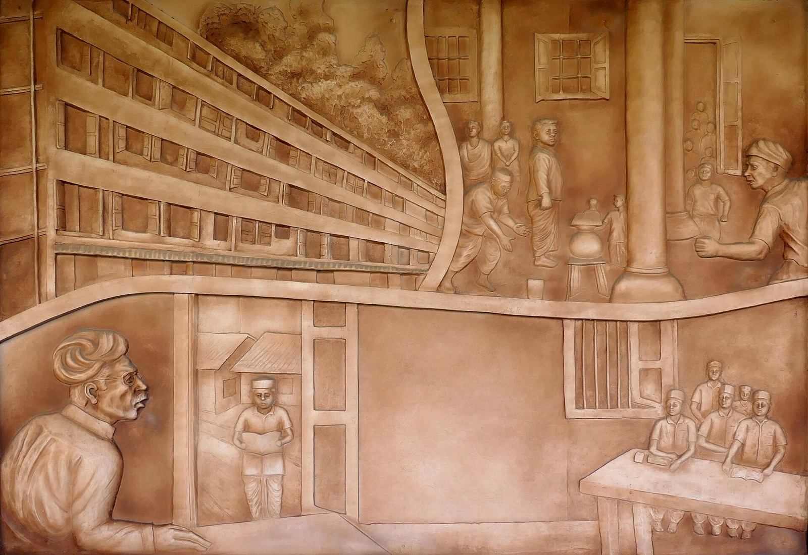 A modern sculpted relief titled "School Education in Poverty" at the Statue of Social Justice memorial in Vijayawada. It is an artist's depiction, not a historical photograph.