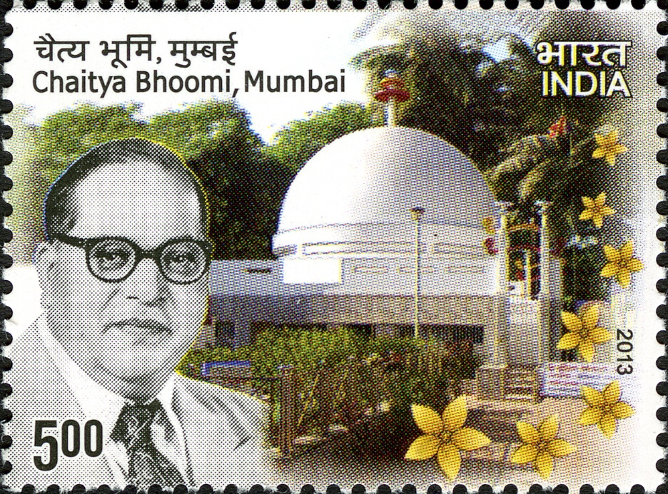 A 2013 India Post stamp showing Ambedkar and Chaitya Bhoomi, Mumbai.