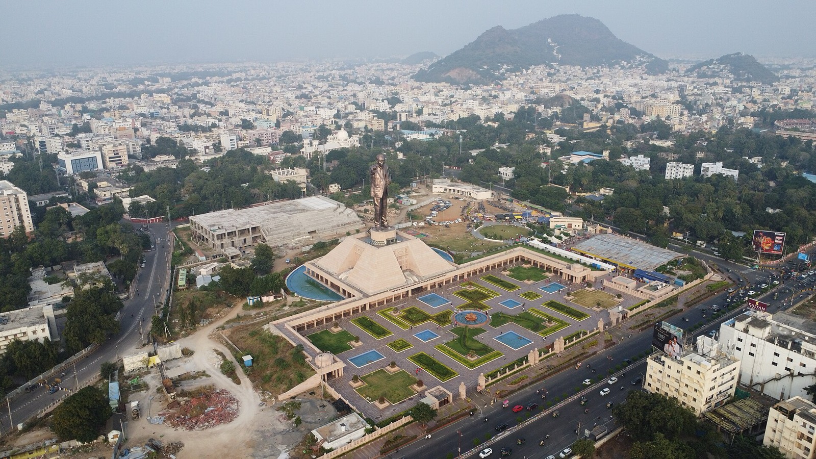 An aerial view of the Statue of Social Justice in Vijayawada, Andhra Pradesh. Photographed in 2025.