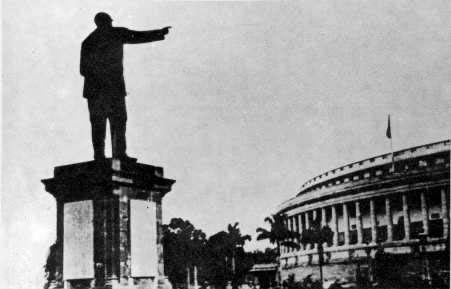 The statue of Ambedkar in front of Parliament House, New Delhi. Undated photograph.